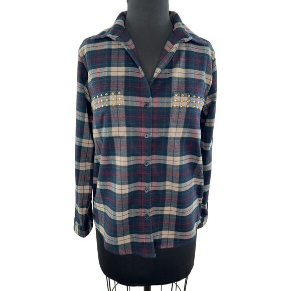 Lovers + Friends Blue Plaid Long Sleeve Button-Down Embellished Shirt Size XS - Picture 1 of 10